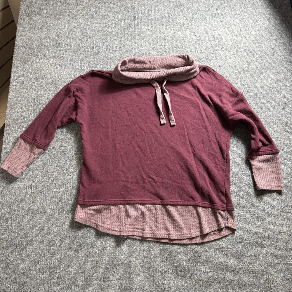 Womens Berry Pink Two Tone Cowl Neck Pullover Top Waffle Knit Layered Hem XL